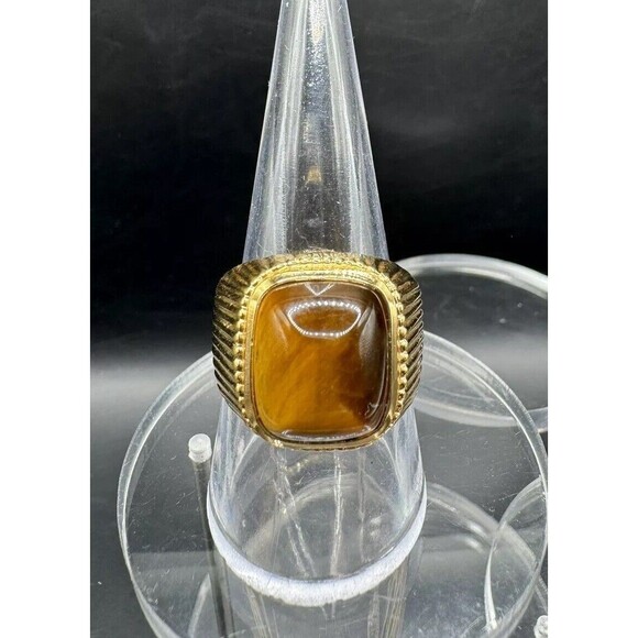 Tiger's Eye Ring 18kt Gold Electroplate Stamped Size 9.5 Vintage Dome Signed - Picture 1 of 7